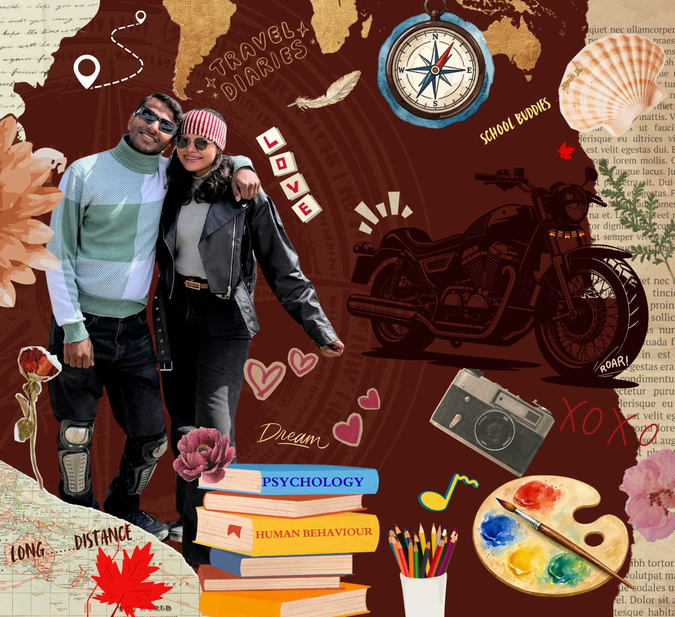 Anuj and Drashti surrounded by a travel, motorcycle, photography, art, and shared-memories collage